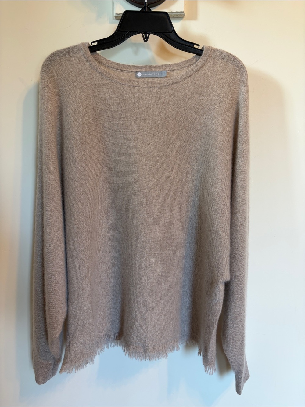 In Cashmere 100% Cashmere Sweater M Taupe Oversized Fringe Raw Edge